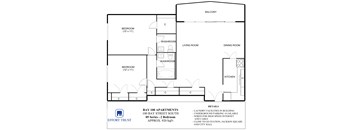 A floor plan for the Bay 100 Apartments shows two bedrooms, a living room, a dining room, a kitchen, and a balcony.
