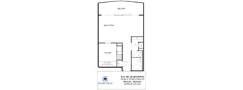 A floor plan for Bay 100 Apartments shows a bed sitting area, a kitchen, a washroom and a balcony.