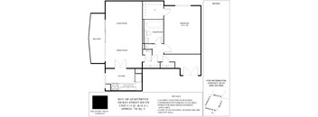 A floor plan for Bay 100 Apartments shows a living room, a dining room, a kitchen, a washroom, and a bedroom.