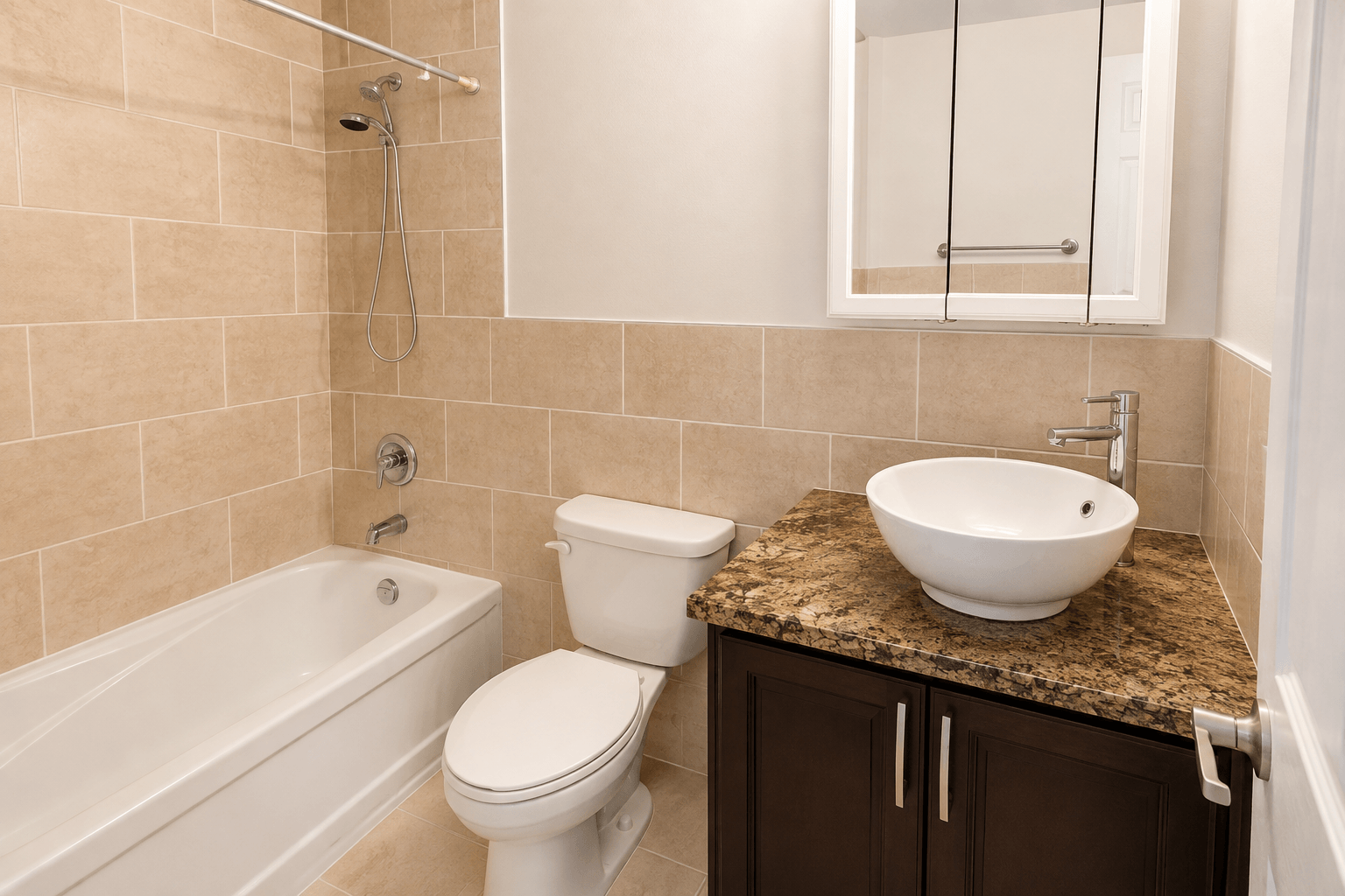 A bathroom with a white toilet, sink, and bathtub.