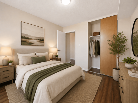 A bedroom with a large bed and a painting on the wall.