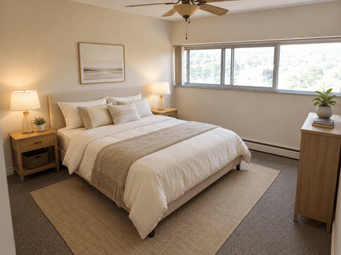 A bedroom with a large bed and a ceiling fan.