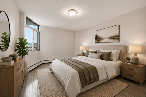A bedroom with a large bed, a mirror, and a painting on the wall.