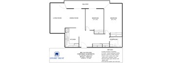 A floor plan of Bel-Gal Estates Corinthian Apartments showing the layout of the living room, dining room, kitchen, and bedrooms.