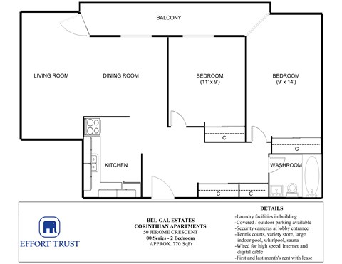 A floor plan of Bel-Gal Estates Corinthian Apartments showing the layout of the living room, dining room, kitchen, and bedrooms.