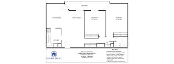 A floor plan for an apartment with a living room, dining room, kitchen, and two bedrooms.