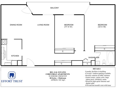 A floor plan for an apartment with a living room, dining room, kitchen, and two bedrooms.