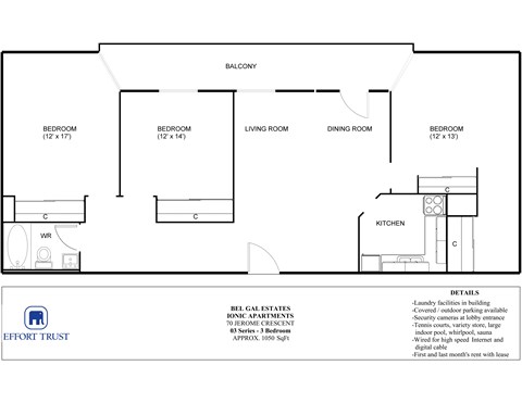 A floor plan of a one bedroom apartment with a balcony.