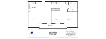 A floor plan of a living space with a kitchen, dining room, living room, and two bedrooms.