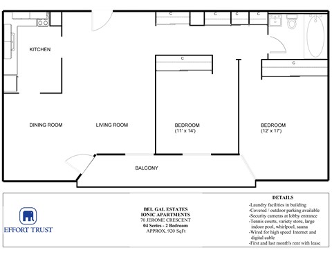 A floor plan of a living space with a kitchen, dining room, living room, and two bedrooms.