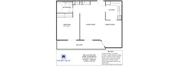 A floor plan of an apartment with a living room, dining room, kitchen and bathroom.