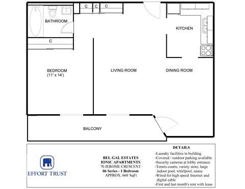 A floor plan of an apartment with a living room, dining room, kitchen and bathroom.