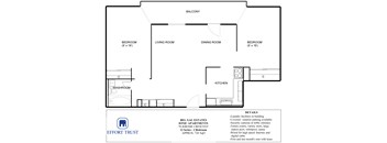 A floor plan of a 12 series bedroom with a living room, dining room, kitchen and bathroom.