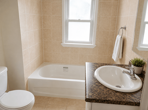 A white toilet sits next to a white bathtub in a bathroom.