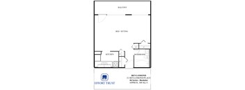 A floor plan of a residence with a balcony, bed/sitting area, kitchen, and washroom.
