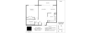 A floor plan of a property with a balcony, living room, dining room, kitchen and bathroom.