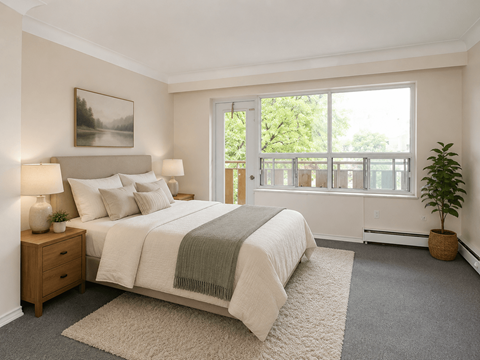 A bedroom with a large bed and a balcony.