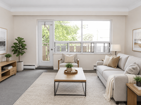 A living room with a grey sofa, a coffee table, and a large window.