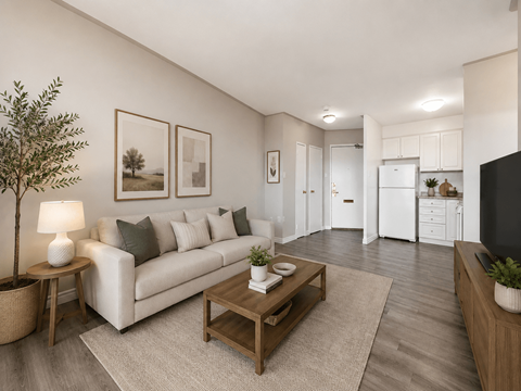 A living room with a white couch, a coffee table, and a television.