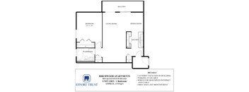 A floor plan for a 1 bedroom apartment in Birchwood Apartments.