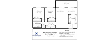 A floor plan for Birchwood Apartments shows two bedrooms, a living room, a dining room, a kitchen, and a washroom.