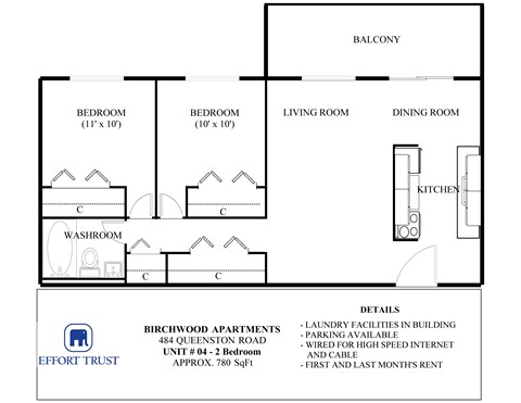 A floor plan for Birchwood Apartments shows two bedrooms, a living room, a dining room, a kitchen, and a washroom.