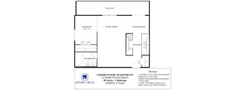 A floor plan for Cherrywood Apartments shows a bedroom, living room, dining room, kitchen, and bathroom.