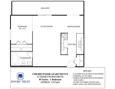 A floor plan for Cherrywood Apartments shows a bedroom, living room, dining room, kitchen, and bathroom.