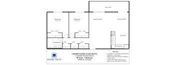A floor plan for Cherrywood Apartments shows two bedrooms, a dining room, a living room, a kitchen, and a washroom.