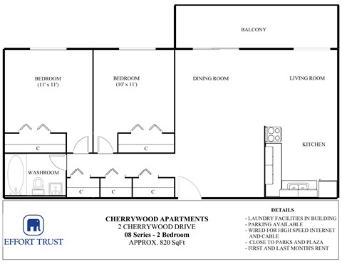 A floor plan for Cherrywood Apartments shows two bedrooms, a dining room, a living room, a kitchen, and a washroom.
