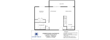 A floor plan for a 1 bedroom apartment at Cherrywood Apartments.