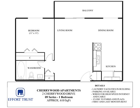 A floor plan for a 1 bedroom apartment at Cherrywood Apartments.