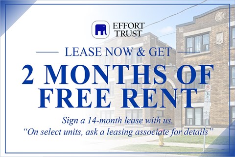 A sign advertising a 2 month free rent offer from Effort Trust.