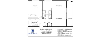A floor plan for a 1 bedroom apartment with details on the side.