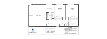 A floor plan for a 2 bedroom apartment with details on the side.