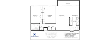 A floor plan for Glenview Apartments shows two bedrooms, a living room, a dining room, a kitchen, and a washroom.