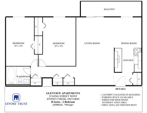 A floor plan for Glenview Apartments shows two bedrooms, a living room, a dining room, a kitchen, and a washroom.