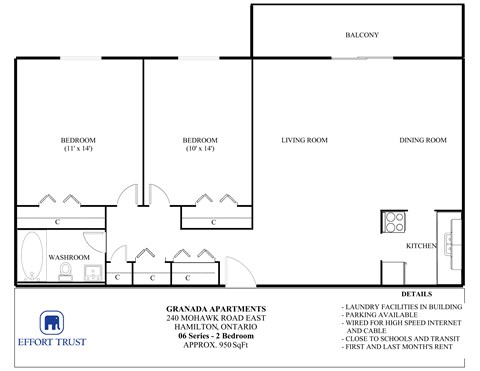 A floor plan for the Granada Apartments shows two bedrooms, a living room, a dining room, a kitchen, and a washroom.