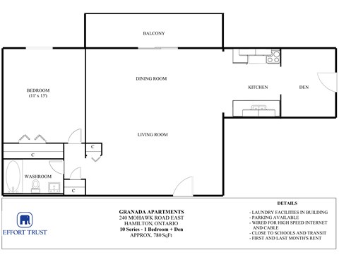 A floor plan of apartment living space with details.