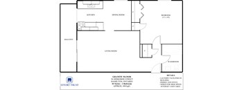 A floor plan of a one bedroom apartment with a living room, dining room, kitchen and balcony.