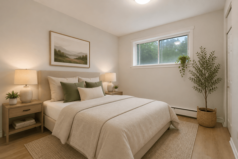 A bedroom with a large bed and a painting on the wall.