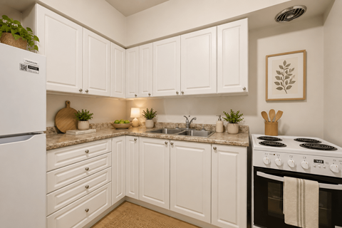 A kitchen with white cabinets and a black stove top.