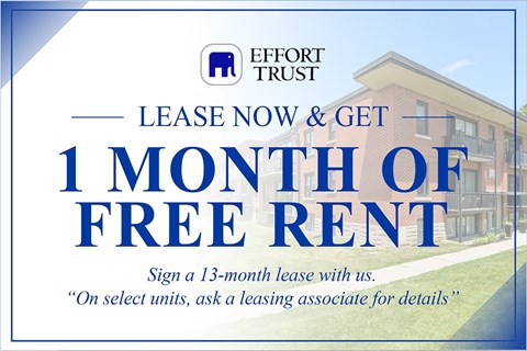 A blue and white advertisement for Effort Trust offering a free month of rent for signing a 13-month lease.