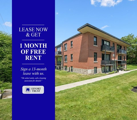 A blue and white advertisement for a 1 month free rent offer.