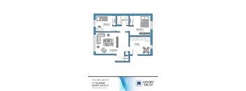 A floor plan of a 164 Belmont apartment with two bedrooms and a living room.