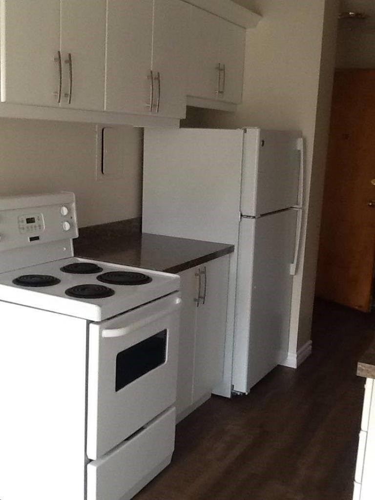 A white stove and refrigerator in a kitchen.