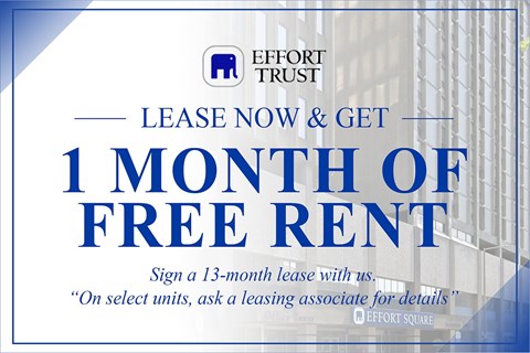 A blue and white advertisement for Effort Trust offering a free month of rent for signing a 13-month lease.