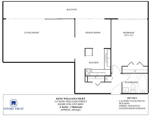 A floor plan for a one bedroom apartment from Effort Trust.