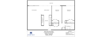 A floor plan of a condo unit with a living room, dining room, kitchen, and two bedrooms.