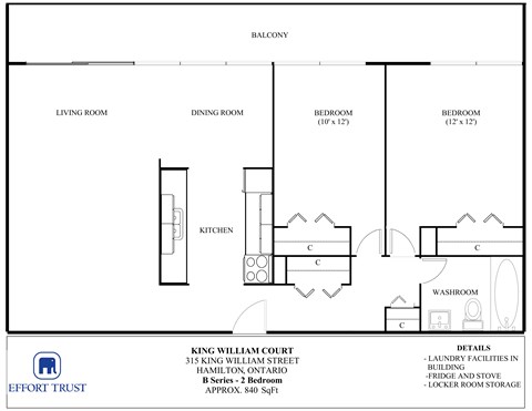 A floor plan of a condo unit with a living room, dining room, kitchen, and two bedrooms.